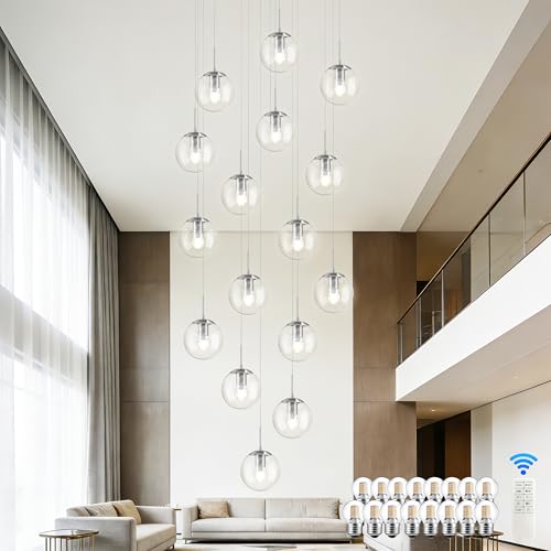 KoKo&Yukina 16-Light Nickel Modern Cluster Chandelier Large Staircase Chandeliers Clear Globe Glass Chandelier Adjustable Length High Ceiling Chandeliers for Living Room Foyer (Bulb & Remote Incl.)