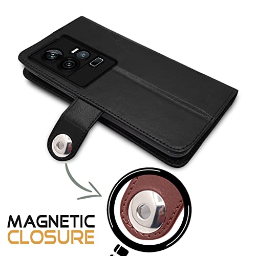 Image of Pikkme iQOO 11 5G Flip Cover Leather Finish | Inside TPU with Card Pockets | Wallet Stand and Shock Proof | Complete Protection Button Flip Case (Black)