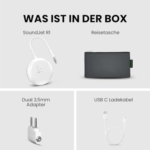 Avantree SoundJet R1 – Bluetooth Adapter Flugzeug für Kopfhörer & AirPods, aptX Adaptive, Qualcomm-Chipset, 20 Std. Akkulaufzeit, Kabelloser Audio Transmitter für Reisen - Weiß
