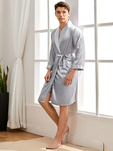 Soly Hux Men's Silk Bathrobes Long Sleeve Satin Kimono Robe With Shorts Sleepwear Pajamas Set Silver S #TOP2