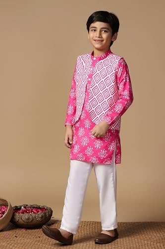 Image of Fashion Dream Boy's Cotton Blend Printed Kurta Pyjama And Jacket Set|Kurta And Payjama Set
