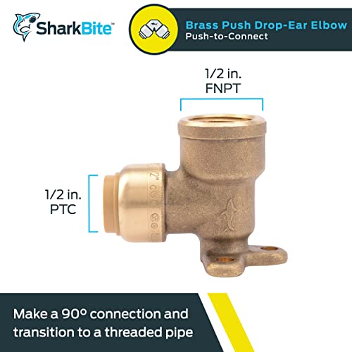 Sharkbite 1/2 Inch X 1/2 Inch Drop Ear Elbow, Fnpt, Push To Connect Brass Plumbing Fitting, Pex Pipe, Copper, Cpvc, Pe-Rt, Hdpe, U334Lfa #TOP1