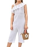 JayGate Girl's One Shoulder Romper Ruffle Trim Sleeveless Wide Leg Back Zipper Flounce High Waist Ca
