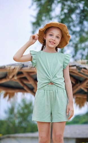 Image of Arshiner Girls Shorts Sets 2 Pieces Outfits Twist Front Ruffle Sleeve T-Shirts and Shorts With Pockets Cute Clothes Sets