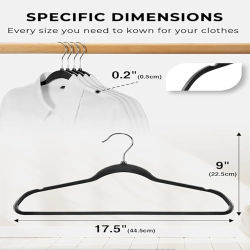Image of Slim Plastic Hangers for Clothes - Heavy Duty Non-Velvet Hangers with 360 Swivel Chrome Hook & Non Slip Notches - Ideal for Dresses Coats Shirts Jackets & More (Black, 12)