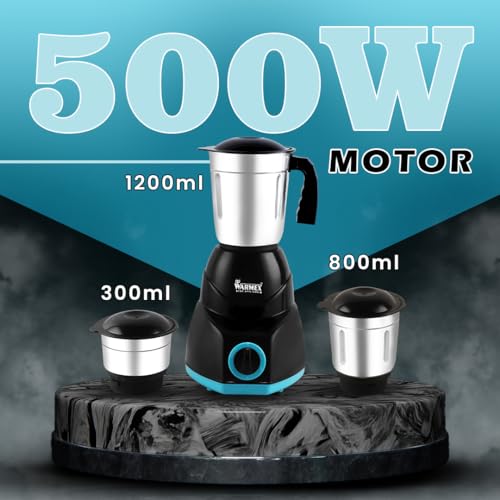 Image of Warmex Mixer Grinder 500 Watt | Multipurpose 3 Stainless Steel Jars | 300ml + 800ml + 1200ml | 3 speed settings heavy duty motor for perfect grinding & blending | 2 Year Warranty by Warmex
