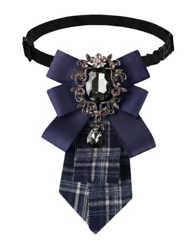 NoctisNest Bow Ties for Women Vintage, Dark Blue Adjustable Rhinestone Bow Neck Tie with Big Black Crystal, Ladies' Striped Pre-Tied Necktie Shirt Accessory for Business Uniforms Graduation School