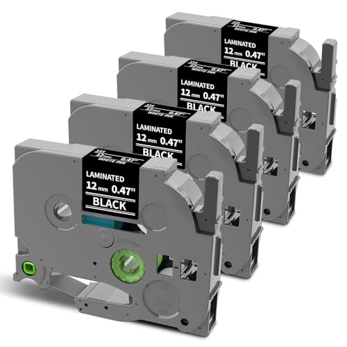 Oozmas TZe-335 Black Label Tape Replacement for Brother Label Maker Tape White on Black P-Touch TZe Tz 12mm 0.47 Laminated Work for PT-D210 PT-H110 PT-D200 PT-1750 PT-1290 Ptouch Refills, 4-Pack