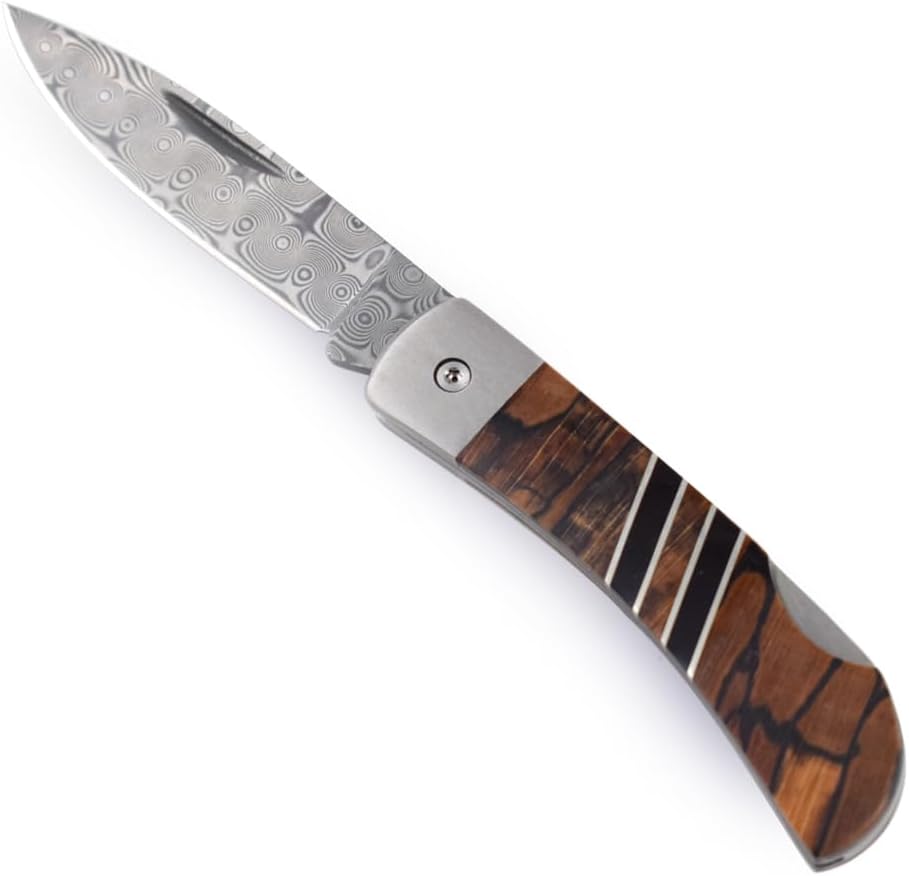 Folding Pocket Knife with Damascus Blade and Artisan-Crafted Spalted Beech Wood and Jet Stone Inlay Handle, 3"