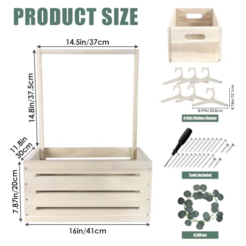Image of Okydoky Wooden Baby Shower Basket Crate Gift Basket with Clothes Hanger | Handle and Garland, Wardrobe Storage Personalized Basket for Pregnant New Parents NO.LPL, Wood1