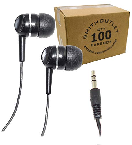 SmithOutlet 100 Pack Low Cost Earbuds in Bulk | Model SG-ID3-100 | Wired 3.5 MM Jack Connectivity | for Schools, Classrooms, Students, Libraries
