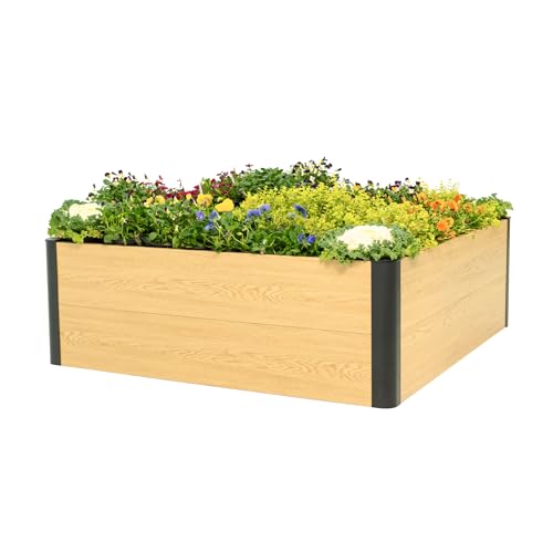 Vego garden Woodgrain Series Raised Garden Bed, 16'' Tall 4' x 4' Wooden-Look Metal Planter Box Outdoor for Gardening Vegetables Flowers Herbs