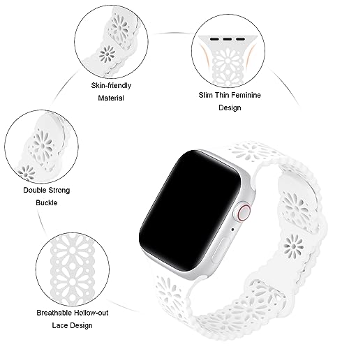 Image of 6 Pack Slim Thin Lace Hollow-out Silicone Bands Compatible with Apple Watch 38mm 40mm 41mm 42mm 44mm 45mm 46mm 49mm Women, Breathable Sport Strap for iWatch Series 11 /10 /9 /8 /7 /6 /5 /4 /3 /2 /1 Ultra SE