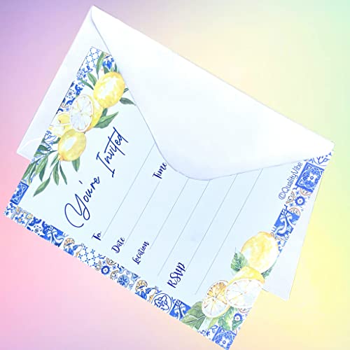 25 Mediterranean & Lemon Invitations With Envelopes, Fill In Flat Style You're Invited For Wedding, Engagements, Bridal Shower, Birthdays, Baby Shower, Anniversay, Retirement And Housewarming Parties. Thick & Non Coated Cardstock For Use With Any Pen. #TOP1