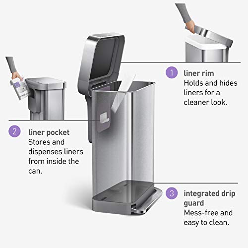 simplehuman 55 Liter Rectangular Hands-Free Kitchen Step Trash Can with Soft-Close Lid, Brushed Stainless Steel