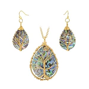 Sea Abalone Shell Earrings/Pendant Necklace Jewelry Set for Women, Yellow Copper Wire Wrapped