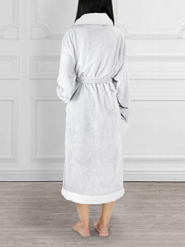 Image of PAVILIA Women's Plush Fleece Robe, Soft Cozy Long Bathrobe with Satin Waffle Trim, Warm Lightweight, Pockets & Tie Belt