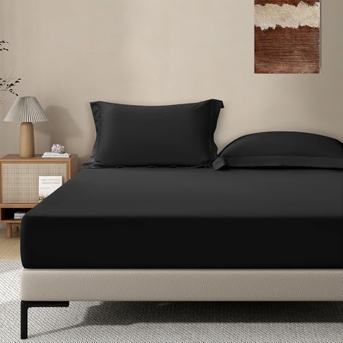 Image of Black Fitted Sheet,Full Size Fitted Sheet with Deep Pocket 18 inch,Ultra Soft & Breathable FittedSheet Easily Fits 18 inch to 24 inch Mattress
