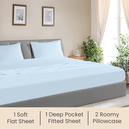 Image of SGI bedding 96 inch W x96 L 4Pc Vermont King Sheet Set 100% Egyptian Cotton - 600 Thread Count, Fits 15 inch Deep Pocket - Soft Breathable Oversized Sheets, for Extra Large Beds - Light Blue