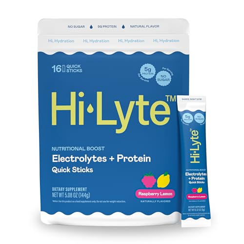 Image of Hi-Lyte Electrolytes + Protein Quick Sticks Raspberry Lemon, 16 Servings - Sodium, Potassium, Whey Protein - Keto Friendly - 5g Protein, No Sugar