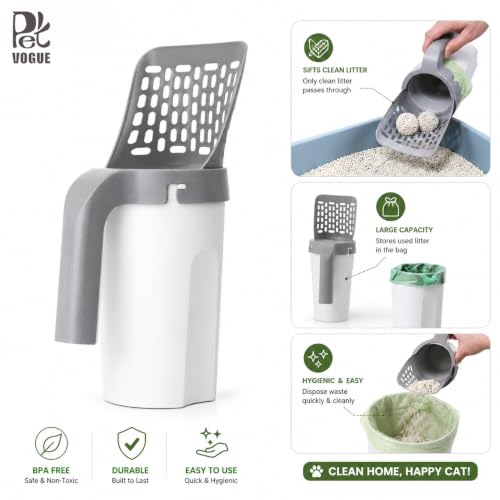 Image of PetVogue Cat Litter Scooper with Built-in Waste Container | One-Handed Cat Litter Scoop | Portable Deep Shovel | Durable Plastic Kitty Litter Cleaner | Easy Sifting Cat Litter Cleaning Tool