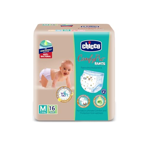 Image of Chicco Comfy-Pro Pant Style Baby Diapers | Anti-bacterial benefits | Ultra Soft & 12hrs protection | Wetness indicator & Disposing Tapes - Medium, 16 Count, 7-12 Kg