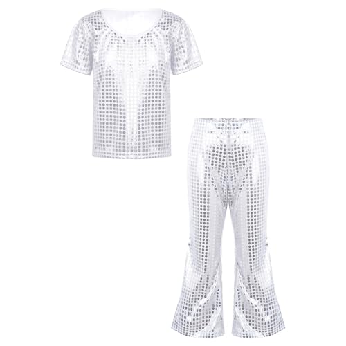 Boys Girls 2Pcs Shiny Dance Performance Outfits Metallic T-Shirt with Bell Bottoms Set Jazz Sportswear