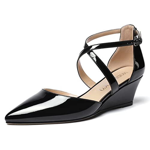 MODENCOCO Women's Dating Pointed Toe Cute Criss Cross Strap Buckle Patent Wedge Low Heel Pumps Shoes 2 Inch