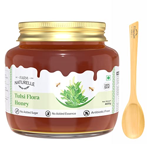 Image of Farm Naturelle Tulsi Forest Flower Wild Honey 400gm|100% Pure Honey | Raw & Unfiltered|Unprocessed|Lab Tested Honey In Glass Jar with Engraved Virgin Wooden Spoon