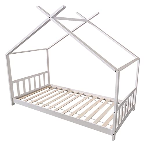 Happy Garden Lit cabane Enfant 190 x 90 cm en Bois de pin Blanc, avec sommier, tête et Pied de lit, Gaspard