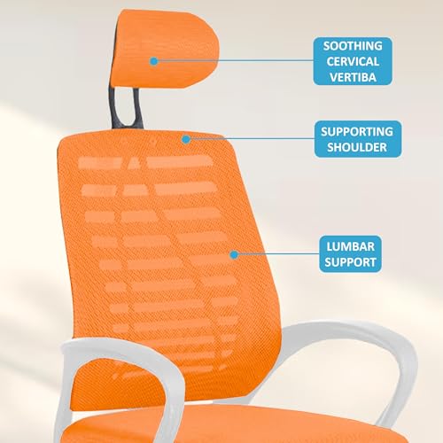 Image of Casa Copenhagen,Mesh Office Desk Chair,Rocking Ergonomic Computer Chair Adjustable High with Headrest and Comfortable Armrest Swivel - Orange & White Handle