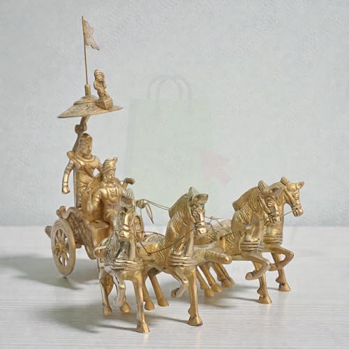 Image of Arjuna Rath Geeta Mahabharat Chariot with Krishna Ji and Hanuman Ji Brass Statue | 7 Inch | Vastu Remedy | Vastu Pital Showpiece | Decorative Arjuna Rath with Four Horses