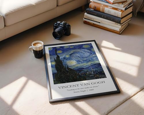 Image of Waltractive Vincent Van Gogh Paintings Framed Poster with Beautiful Quotes - Available in 33x22 and 48x33 CM - Classic Art Poster with sleek Black Frame - Elegant Home and Office Decor (Starry Night, 13x19 Inch, Framed)