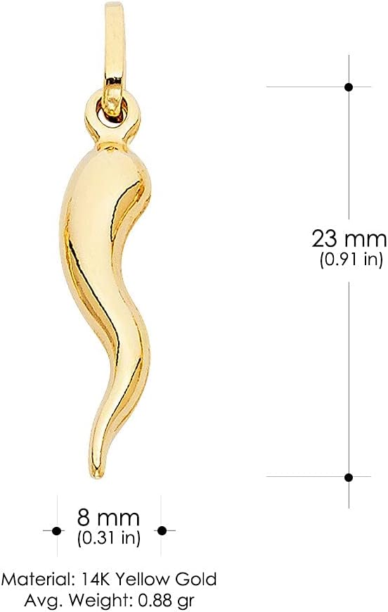Ioka - 14K Yellow Gold Cornicello Italian Horn Charm Tiny Size Good Luck Pendant For Necklace or Chain