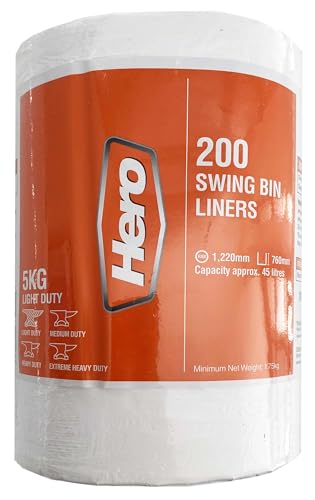 Hero Swing 45l Bin Bags Liners White Strong Refuse Sacks Tear Resistant Rubbish Bags, Easy Dispense, Recycled Plastic Roll of 200 - Household, Work, Office & Commercial -White