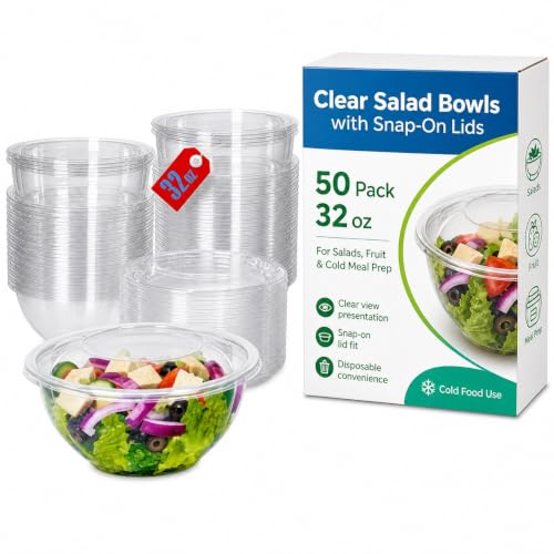 Mr Miracle Clear 32 Ounce Plastic Salad Bowls with Snap-On Lids. Pack 50. Airtight Disposable Salad Containers for Lunch, Meal Prep, Parties. Ideal as Disposable Salad Bowls with Lids