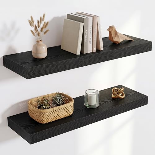 Image of Acovy 24in Long Floating Shelves for Wall Set of 2, Wood Wall Shelves for Bathroom Bedroom Kitchen Living Room Laundry Room, Modern Floating Shelf for Home Decor