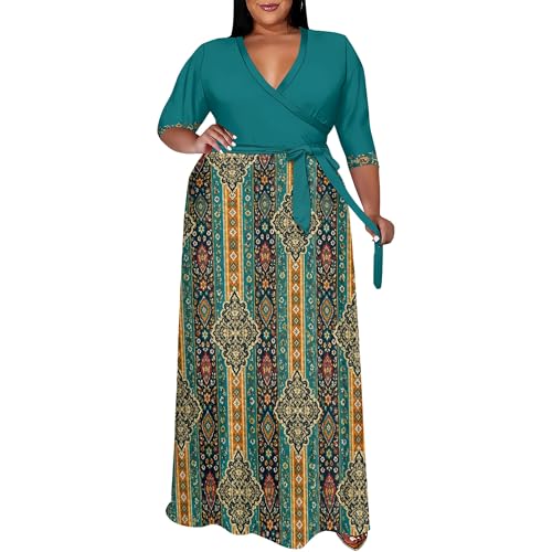 EQQZD Plus Size African Print Maxi Dress for Women Gray V Neck Wrap Dress 3/4 Sleeve Long Church Dresses with Belt 3X-Large Plus