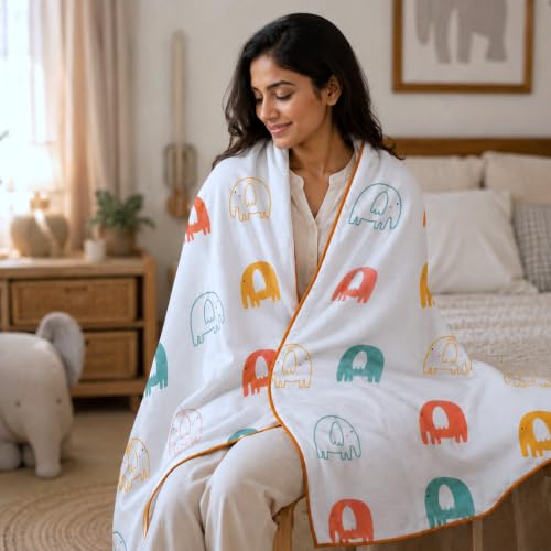 Image of LORETO - A QUALITY LINEN BRAND 100% Cambric Cotton Single Dohar 58 x 88 Inches, 3-Layer Lightweight AC Blanket with Soft Cotton Flannel Filling, Summer Quilt, Reversible, Coral Green Elephants