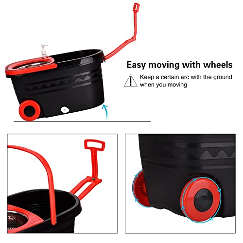 Spin Mop And Bucket With Wringer Set On Wheels, 360 Spinning Mop With Stainless Steel Handle For All Hard Surfaces, Floor Cleaning System With 3 Microfiber Replacement Heads, Black/Red #TOP3