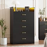 Garvee 5 Drawer Dresser for Bedroom - 51'' Tall Vertical Chest of Drawers with LED Light and Charging Station, Modern Organizer Cabinet with Open Shelf for Living Room, Entryway, Hallway, Black