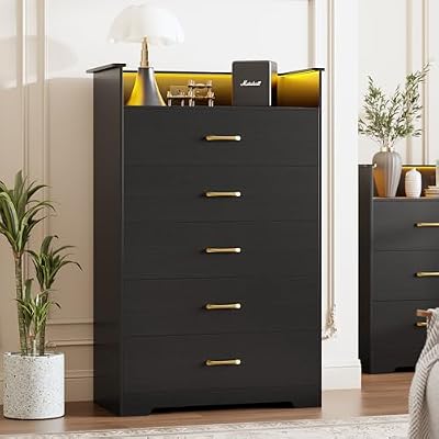 Garvee 5 Drawer Dresser for Bedroom - 51'' Tall Vertical Chest of Drawers with LED Light and Charging Station, Modern Organizer Cabinet with Open Shelf for Living Room, Entryway, Hallway, Black