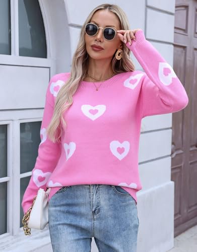 Image of Womens Cute Heart Sweater Crew Neck Long Sleeve Pullover Valentines Sweater