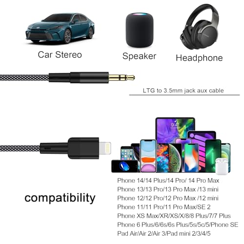 Aux Cable for iPhone 14 Pro Max 14 Plus 13 13 Pro Max 13 Plus 12 12 Mini 11 Pro Max Mini XR XS 8 iPad,Lightning to 3.5mm headphone Jack Male Aux Audio Cord 6FT for Car Stereo Home Speaker Headphone