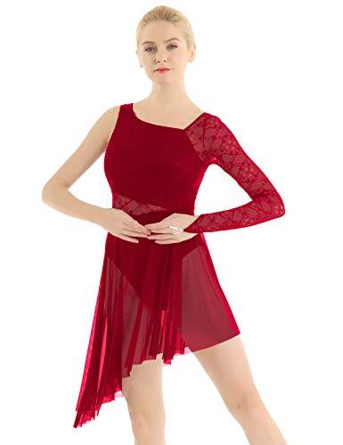 JanJean Womens One Shoulder Lyrical Lace Dress Asymmetric Hem Leotard Contemporary Ballet Dance Dress Burgundy X-Large