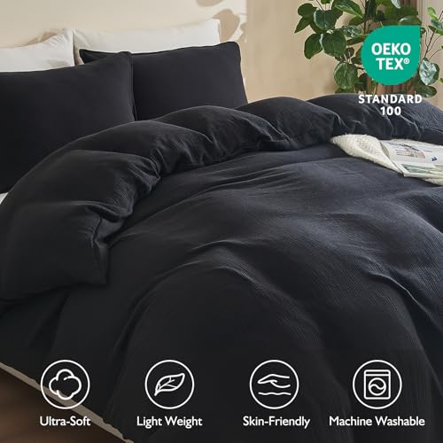 Image of EMME Muslin Cotton Duvet Cover Set Black Queen Size Linen Like Soft Breathable Lightweight Summer Comforter Cover Set with Zipper Closure (Black, Queen, 90 inchx90 inch)