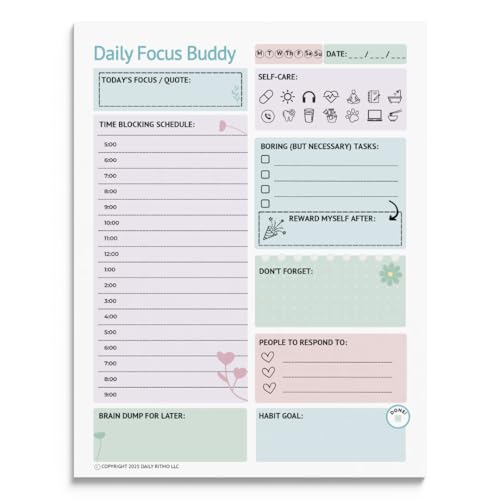 DAILY RITMO® Large ADHD To Do List Notepad for Women | Hourly Daily Focus Buddy for Adults and Teens | Pastel Color Brain Dump Desk Planner Sheets | Neurodivergent Organization Products | 8.5x11" 50 Sheet US Letter Size | Made in USA