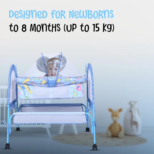Image of FLIPZON Baby Cradle with Mosquito Net & Lockable Wheels | Foldable Baby Jhula /Palna with Storage Basket & Soft Mattress | Portable Newborn Baby Bed Crib for Infants (Blue)