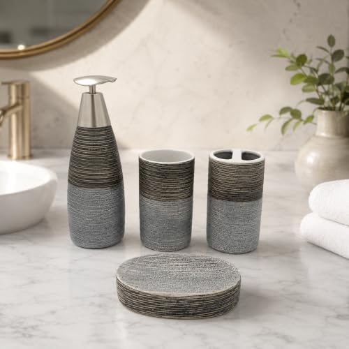 Image of Whizzo Premium Grey Bathroom Accessories Set of 4 - Soap Dispenser, Toothbrush Holder, Tumbler & Soap Dish - Modern Textured Ceramic Bath Set for Wash Basin Countertop, Best Gifting (BS-837, Grey)