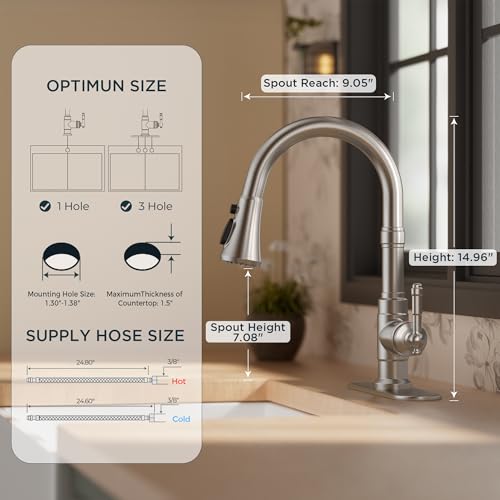 FORIOUS Vintage Kitchen Faucets with Pull Down Sprayer, Brushed Nickel High Arc Single Handle Stainless Steel Transitional Pull Out Sink Faucet for Farmhouse Camper Rv Bar, Fit for 1 or 3 Hole by FORIOUS - Used condition - Image 5